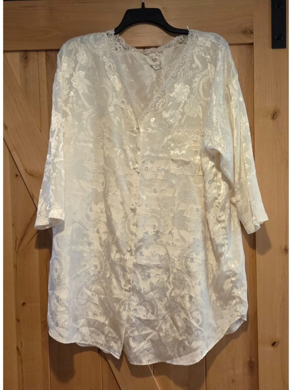 Adonna Ivory Floral Jacquard Satin Sleepshirt Gown Button Front XL 90’s